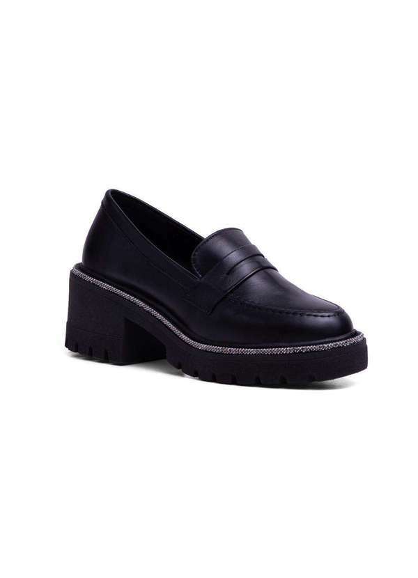 Via Miss - Mocassim Feminino Tratorado Sapato Couro Conforto Elegante Preto