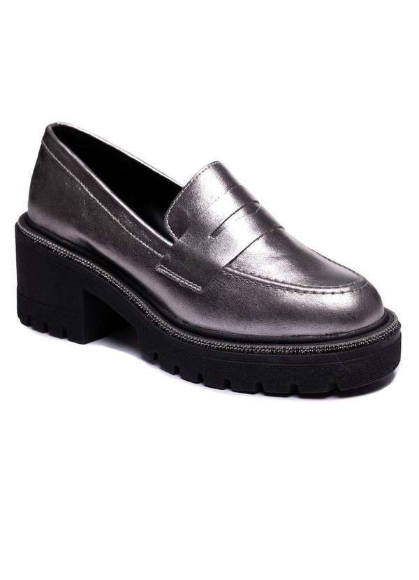 Via Miss - Mocassim Feminino Tratorado Sapato Couro Metalizado Elegante Prata