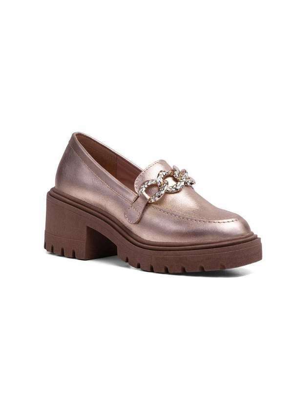 Via Miss - Mocassim Feminino Tratorado Sapato Salto Couro Casual Dourado