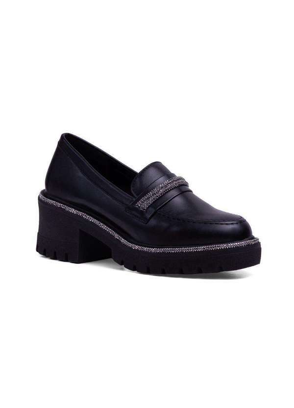 Via Miss - Mocassim Feminino Tratorado Sapato Salto Couro Confortavel Preto