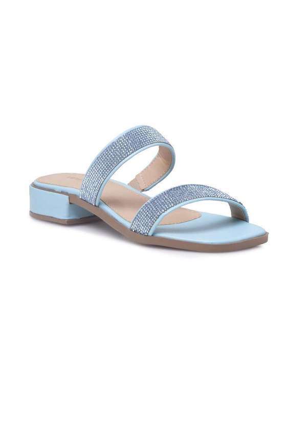 Via Miss - Tamanco Feminino Salto Medio Tiras Strass Confortavel Leve Azul
