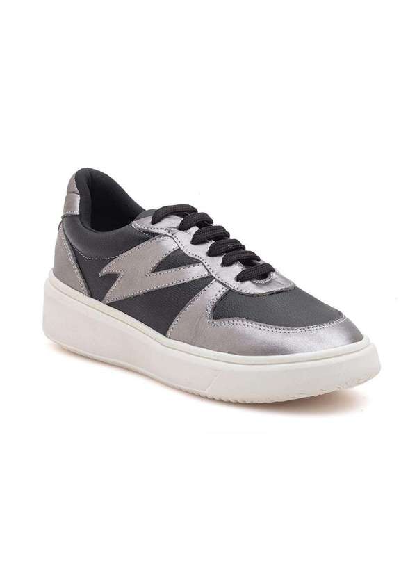 Tenis Feminino Casual Couro Metalizado Amarracao Confortavel Prata