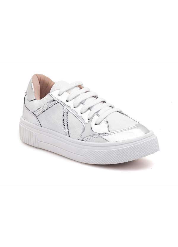 Via Miss - Tenis Feminino Casual Couro Metalizado Sola Reta Confortavel Branco/Prata