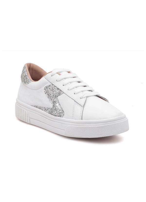 Via Miss - Tenis Feminino Casual Couro Recorte Confortavel Estilo Branco/Prata