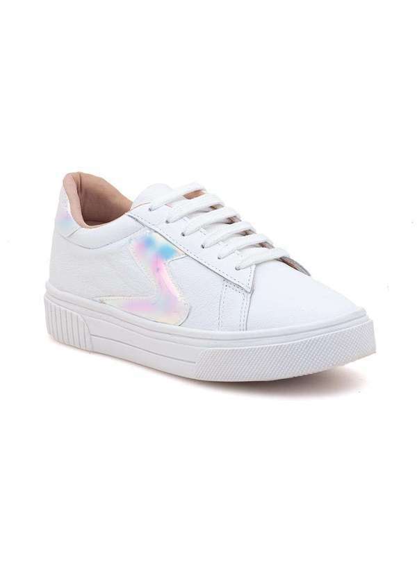 Via Miss - Tenis Feminino Casual Couro Recorte Confortavel Estilo Branco
