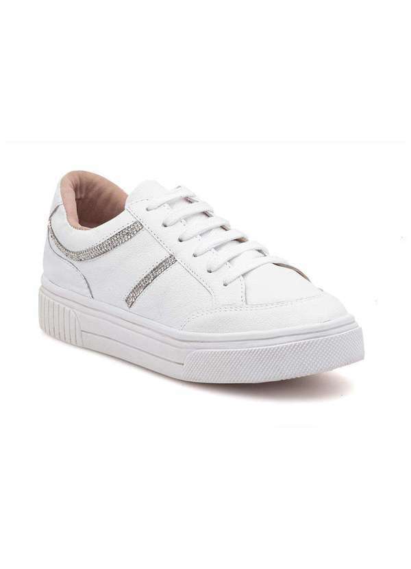 Via Miss - Tenis Feminino Casual Couro Strass Amarracao Confortavel Branco