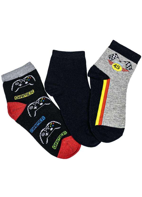 Hoahi - Kit com 3 pares de Meias Cano Curto Infantil Hoahi H021219 Cinza/Preto 1