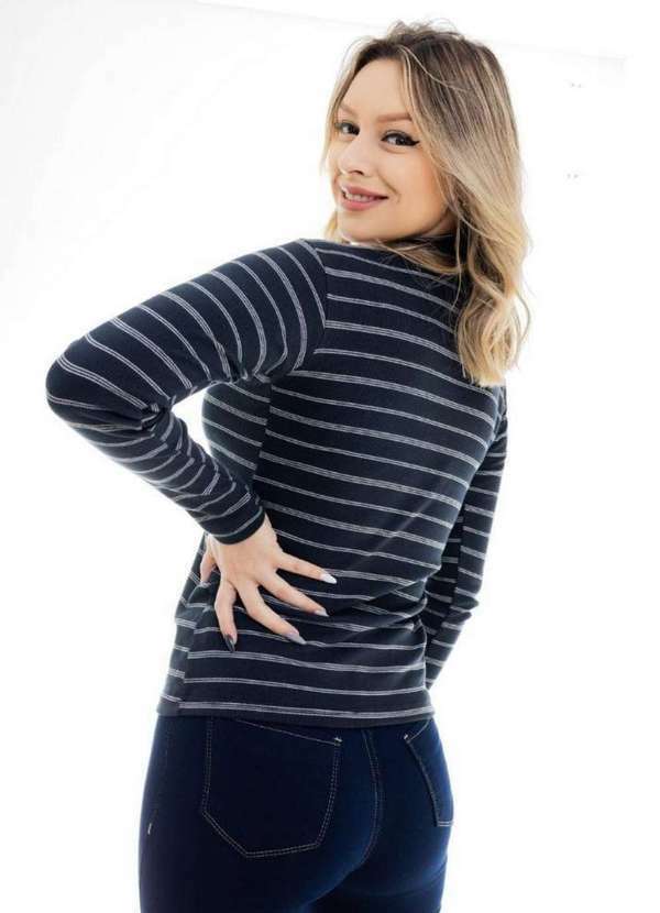 Cia da Malha - Blusa Feminina Básica Manga Longa Gola Alta Preto Listra 3