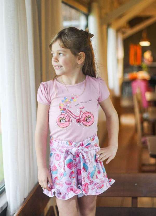 Cia da Malha - Conjunto Feminino Infantil Shorts Rosa Claro