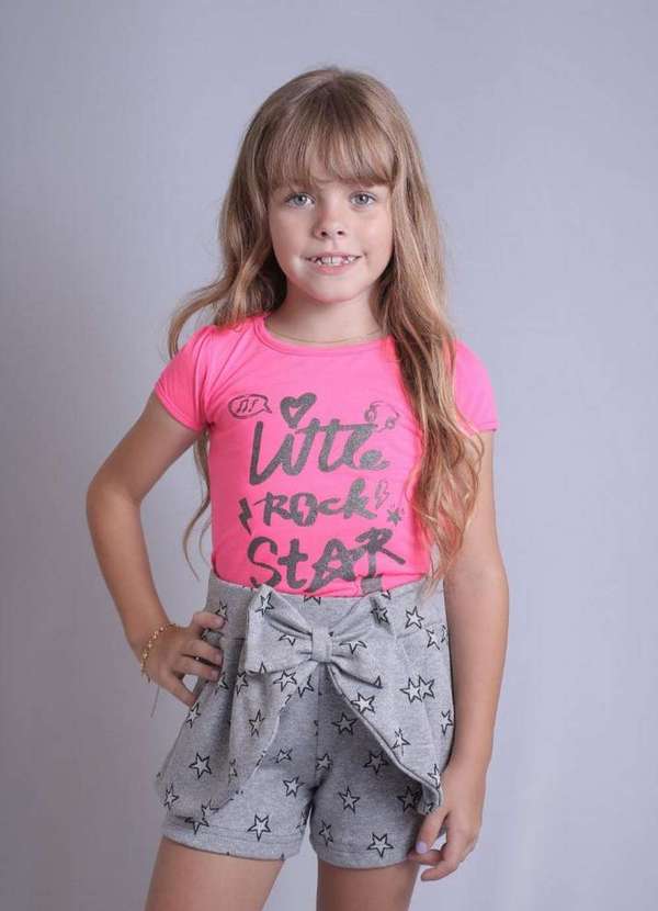 Cia da Malha - Conjunto Feminino Infantil Shorts Rosa Neon