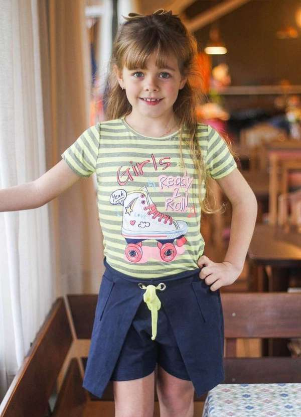 Cia da Malha - Conjunto Infantil Shorts Meninas Amarelo Bebe