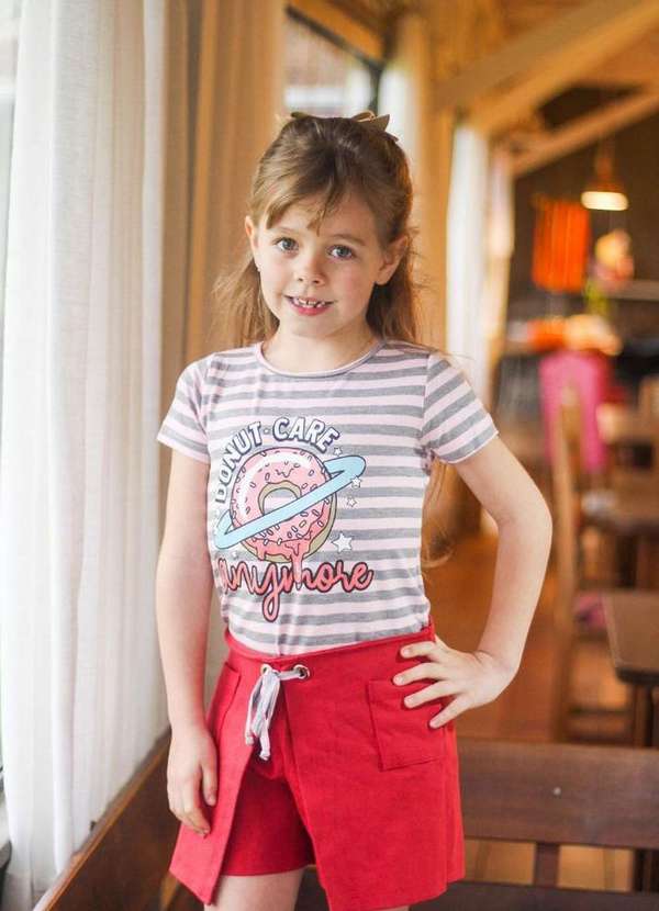 Cia da Malha - Conjunto Infantil Shorts Meninas Rosa Bebe Claro