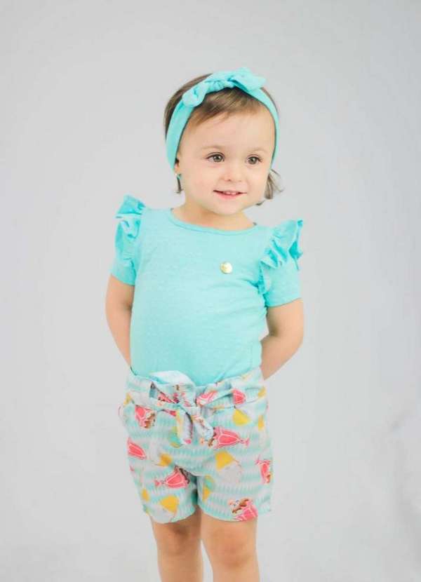 Cia da Malha - Conjunto Infantil Shorts Meninas Verde Agua 2