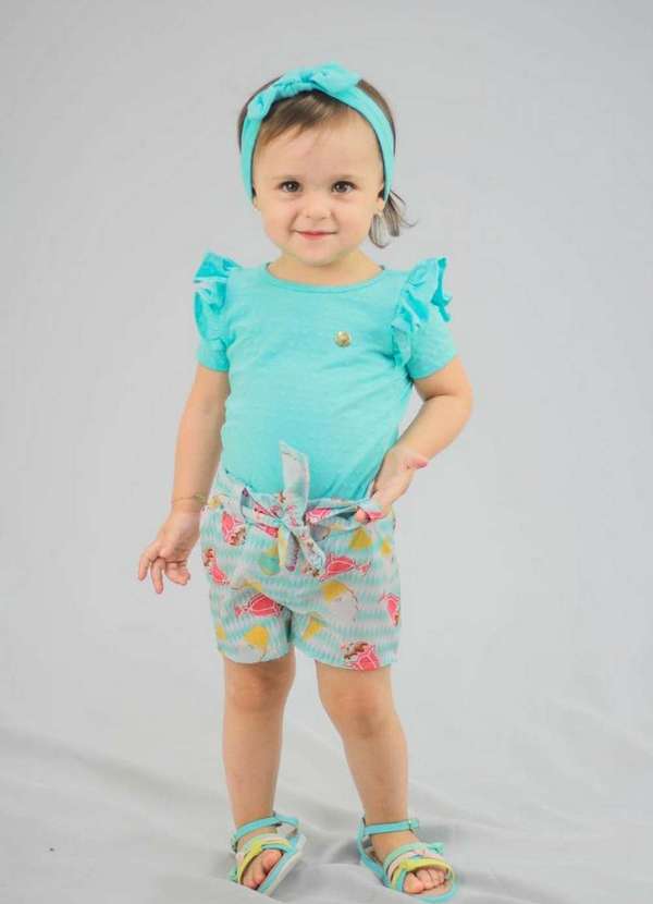 Cia da Malha - Conjunto Infantil Shorts Meninas Verde Agua 3