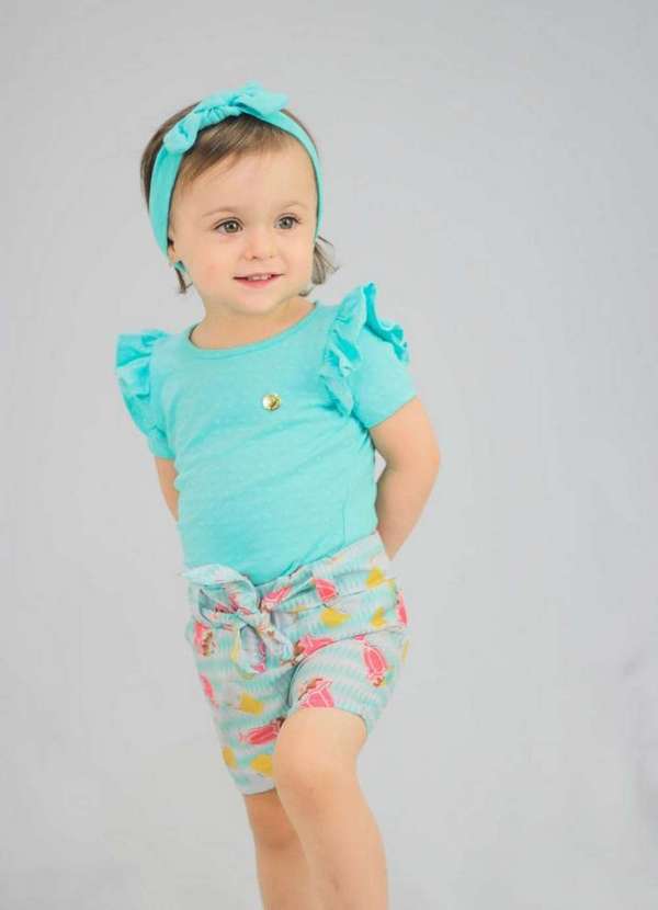 Cia da Malha - Conjunto Infantil Shorts Meninas Verde Agua 4
