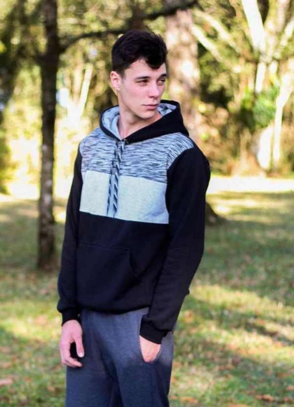 Cia da Malha - Blusa Moletom Masculina Adulta Peluciada Inverno Cinza com Preto 2