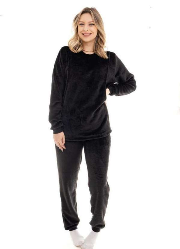 Cia da Malha - Pijama Feminino Adulto Amamentação Fleece Preto 5