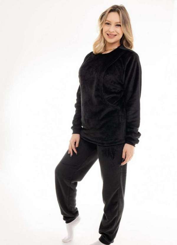 Cia da Malha - Pijama Feminino Adulto Amamentação Fleece Preto 6