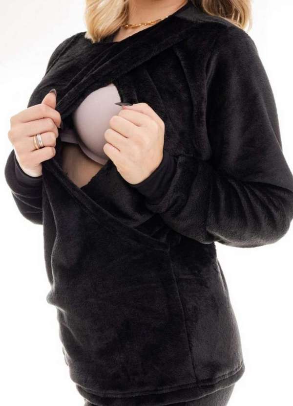 Cia da Malha - Pijama Feminino Adulto Amamentação Fleece Preto 7