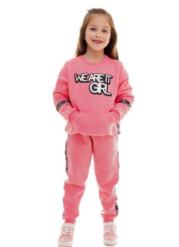 Cia da Malha - Conjunto Moletom Infantil Menina Inverno Rosa Neon