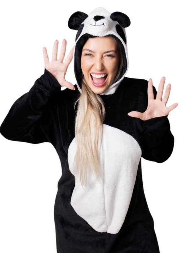 Cia da Malha - Macacão Pijama Kigurumi Adulto Feminino Fleece Soft Plush Panda Preto