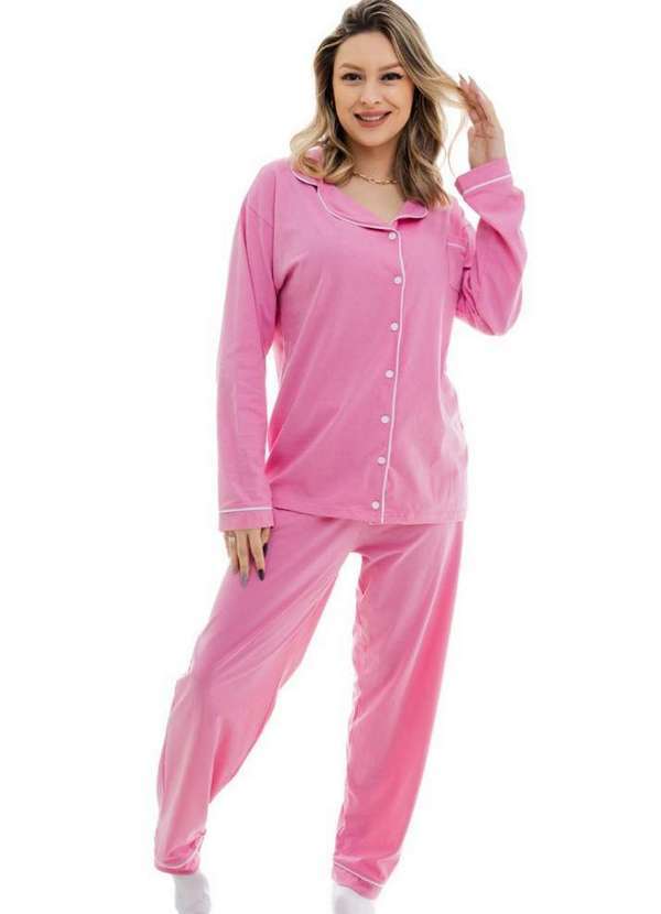 Cia da Malha - Pijama Feminino Adulto Moletom Manga Longa Meia Estação Rosa Claro