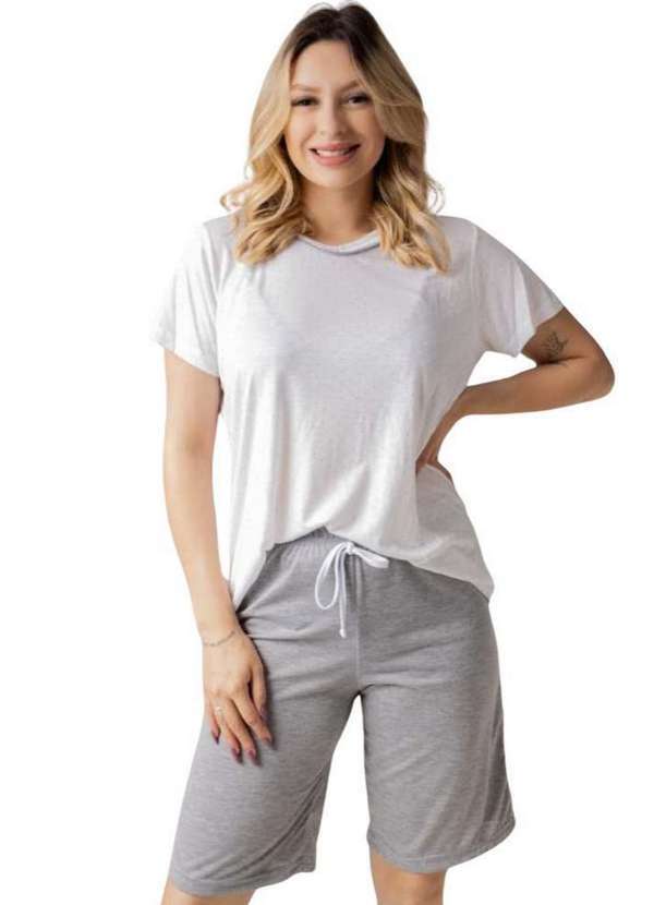 Cia da Malha - Pijama Feminino Adulto Verao Conjunto Algodão Branco Cinza