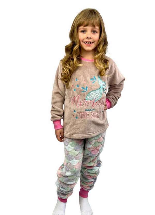 Cia da Malha - Pijama Infantil Feminino Meninas Inverno Fleece Soft Plush Longo Bege Escuro/Sereia