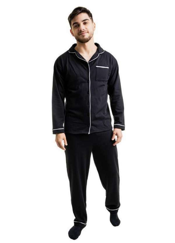 Cia da Malha - Pijama Masculino Inverno Adulto Moletinho Quentinho para o Frio Preto