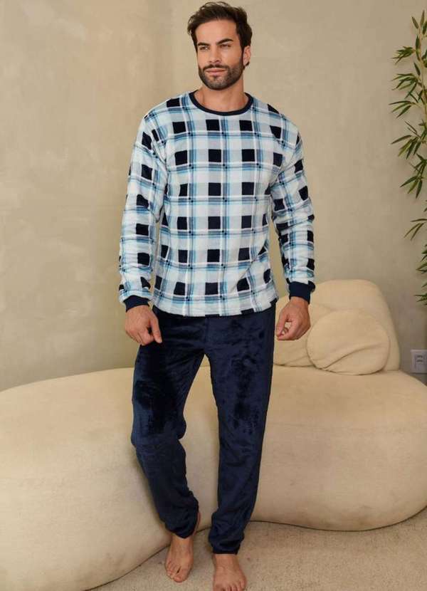Cia da Malha - Pijama Masculino Inverno Adulto Fleece Plush Soft Quentinho. Xadrez Azul Fabrizio