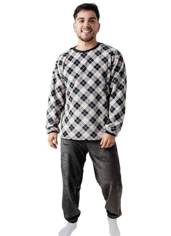 Cia da Malha - Pijama Masculino Inverno Adulto Fleece Plush Soft Quentinho. Xadrez Preto
