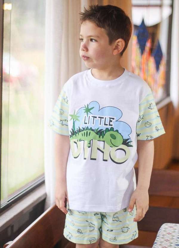 Cia da Malha - Pijama Verao Masculino Infantil Branco Dino