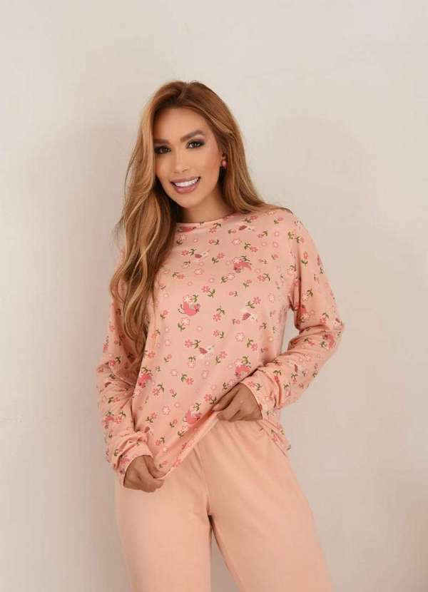 Cia da Malha - Conjunto Pijama Feminino Adulto Suede Salmao