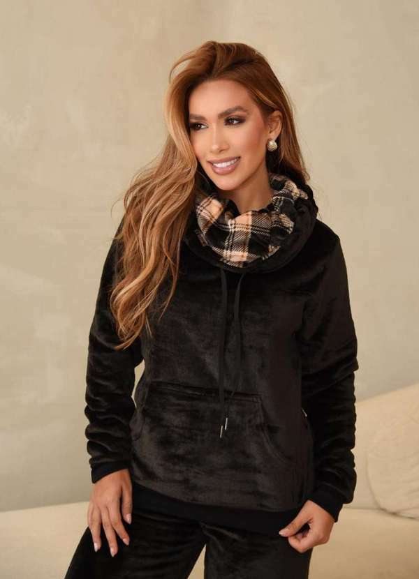 Cia da Malha - Pijama Feminino Inverno Fleece Quentinho Novo Preto Gola