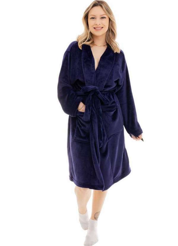 Cia da Malha - Roupão Feminino de Inverno Adulto Fleece Ultra Soft Quentinho Marinho Liso