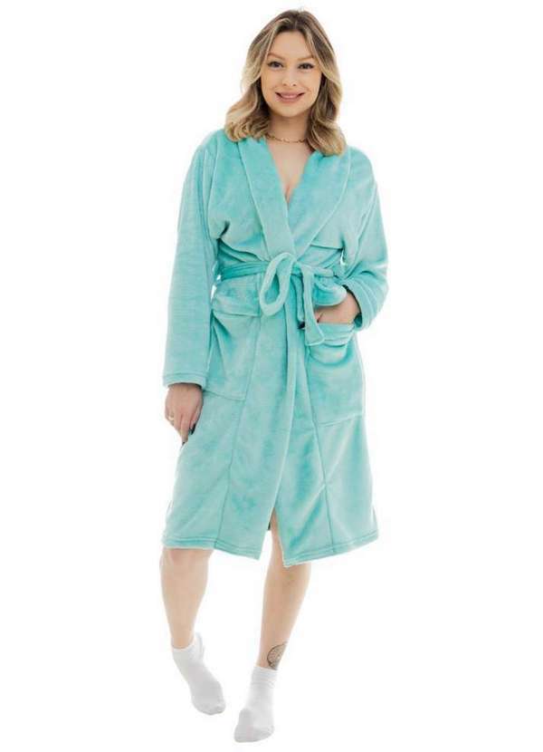 Cia da Malha - Roupão Feminino de Inverno Adulto Fleece Ultra Soft Quentinho Verde Liso
