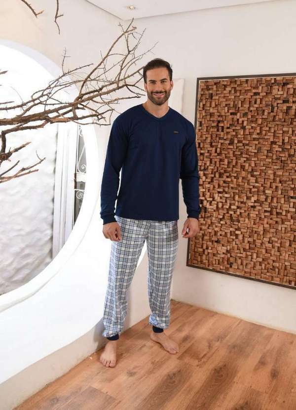 Cia da Malha - Pijama Masc Ad Moletinho Pluminha Xadrez Azul Xadrez Azul