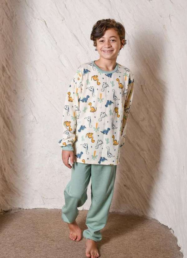 Cia da Malha - Pijama Infantil Masculino Meninos Juvenil Moletinho Inverno Lizard Ivory