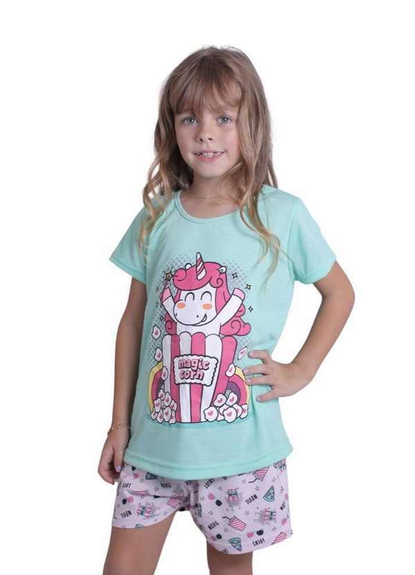 Cia da Malha - Pijama Infantil Algodão para Menina Feminino Juvenil 1 a 16 Anos Verde Piscina C