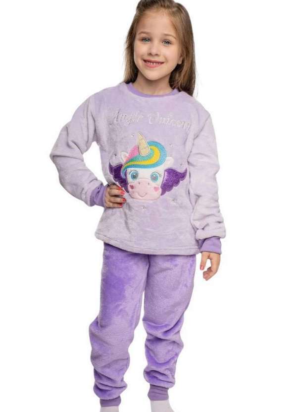 Cia da Malha - Pijama Fleece Infantil Meninas Soft Longo Lilas Unicornio