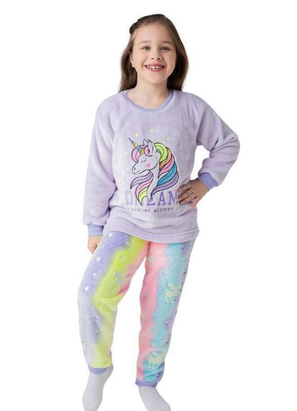 Cia da Malha - Pijama Fleece Infantil Meninas Soft Longo Lilas