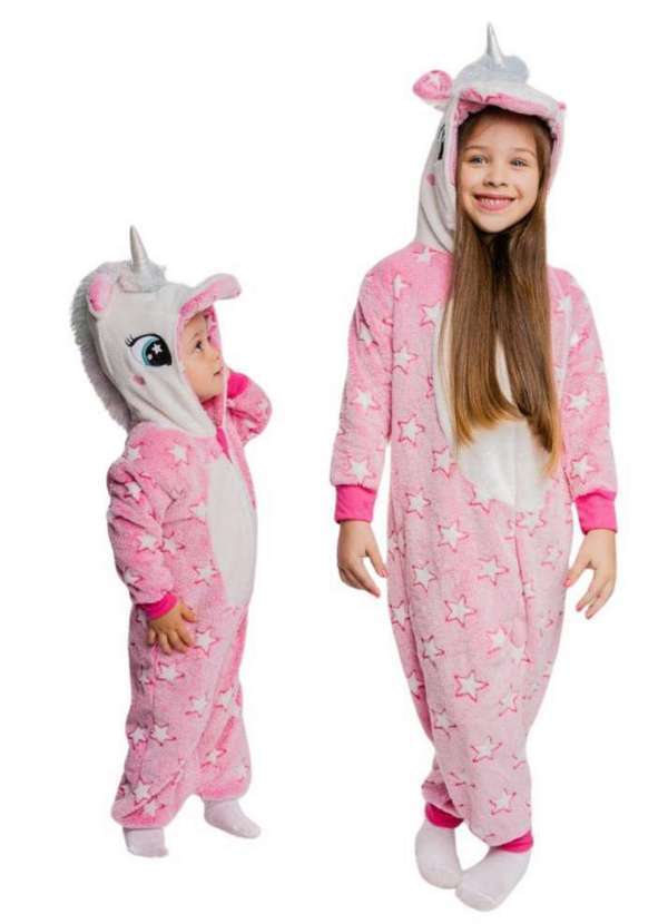 Cia da Malha - Pijama Macacao Kigurumi Infantil Fleece Inverno Soft Plush. Unicornio Estrela Rosa