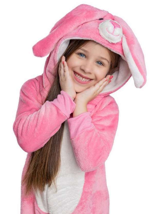 Cia da Malha - Pijama Macacao Kigurumi Infantil Fleece Inverno Soft Plush. Coelho Rosa