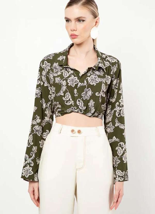 Sly Wear - Blusa Cropped Manga Longa Decote Transpassado em Viscose com - Verde