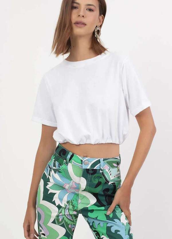 Sly Wear - Blusa Manga Curta com Decote Redondo em Malha de Algodão - Branco