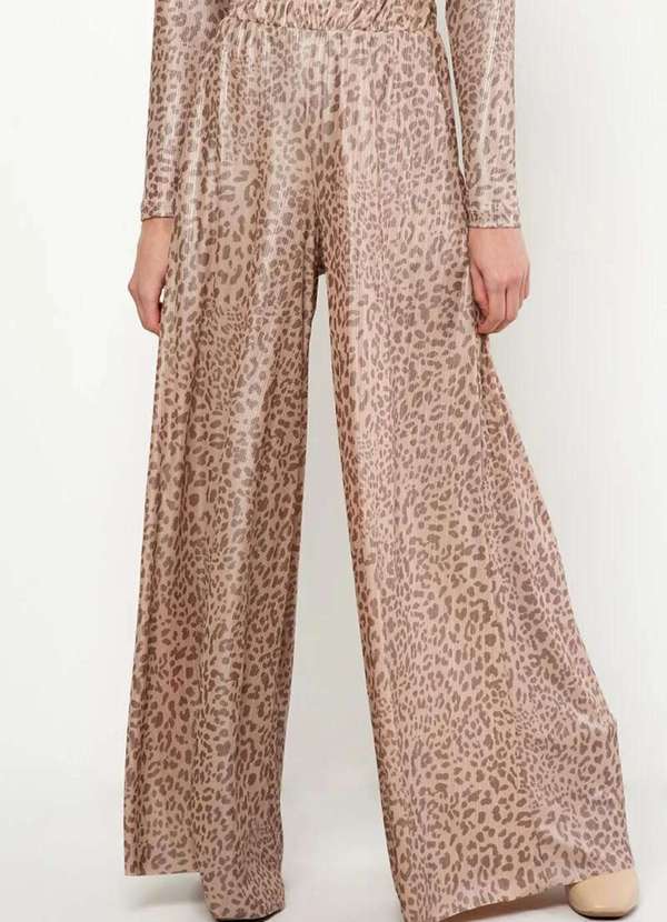 Sly Wear - Calça Pantalona Malha Canelada Estampada Efeito Metalizado - Bege