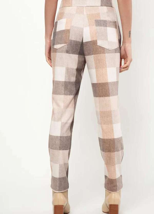 Sly Wear - Calça Skinny em Malha Fleece com Estampa Xadrez - Bege