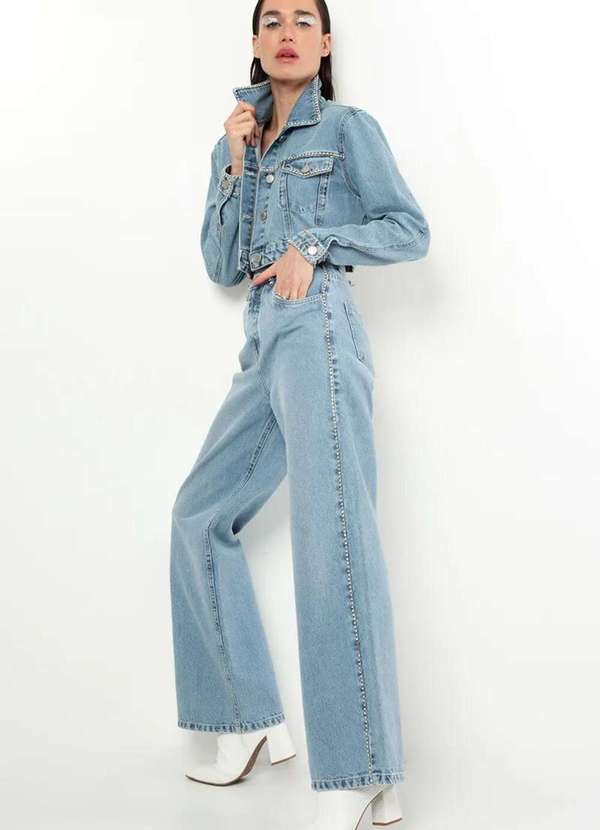 Sly Wear - Calça Wide Leg Jeans Aplicação Manual Correntes de Strass - Azul