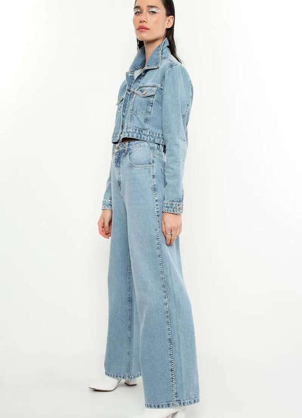 Sly Wear - Calça Wide Leg Jeans Aplicação Manual Correntes de Strass - Azul 2