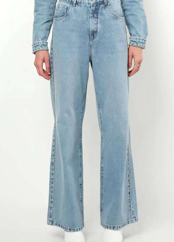 Sly Wear - Calça Wide Leg Jeans Aplicação Manual Correntes de Strass - Azul 3